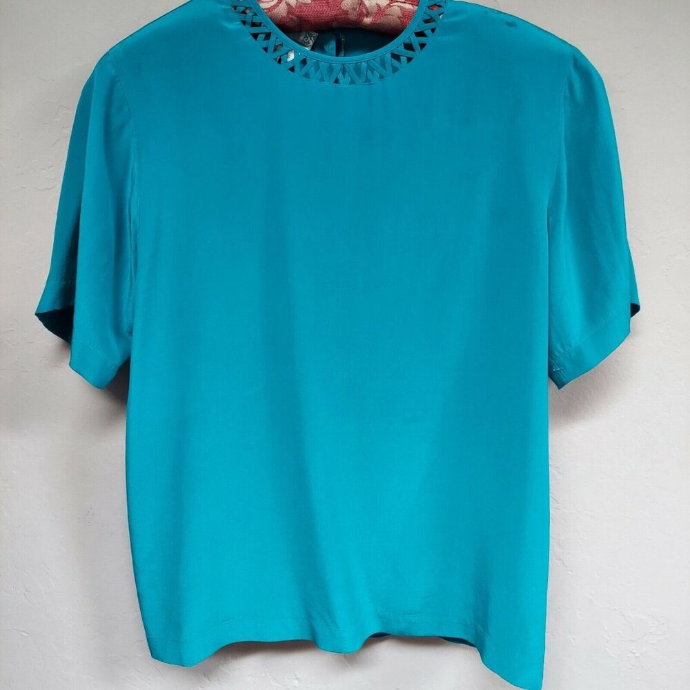 Vintage Braemar Petites by Jeremy Scott Top  Silk Short Sleeve Small Blouse Teal